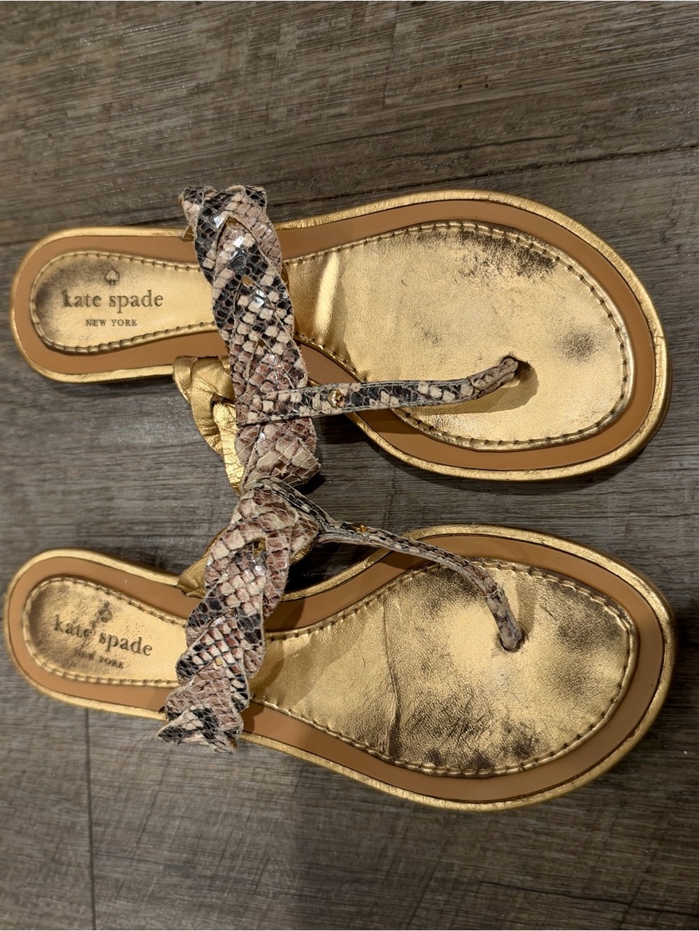 kate spade Gold Metallic Braided Snake-Print Toe-Post Sandals